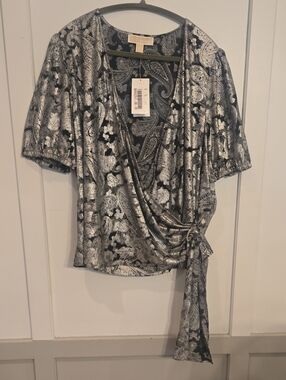 MICHAEL Michael Kors Black & Silver Metallic Foil Paisley Wrap Top